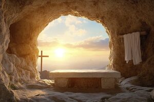 An empty tomb with the stone rolled away, set against an open sky at sunrise.